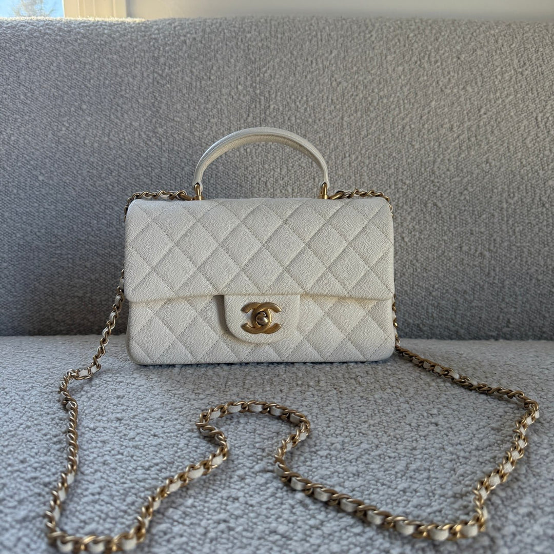 Chanel Mini Top Handle Flap Ivory Caviar Matte Gold Hardware 2021