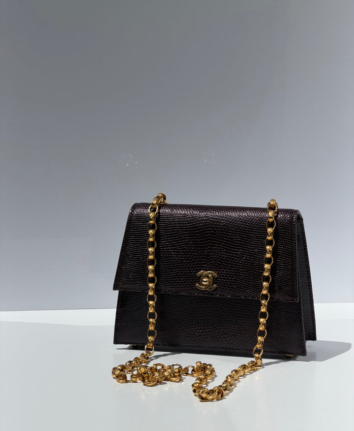 Chanel Small Trapezoid Flap Bag Burgundy Lizard Leather Gold Hardware With Bijoux Chain 1989