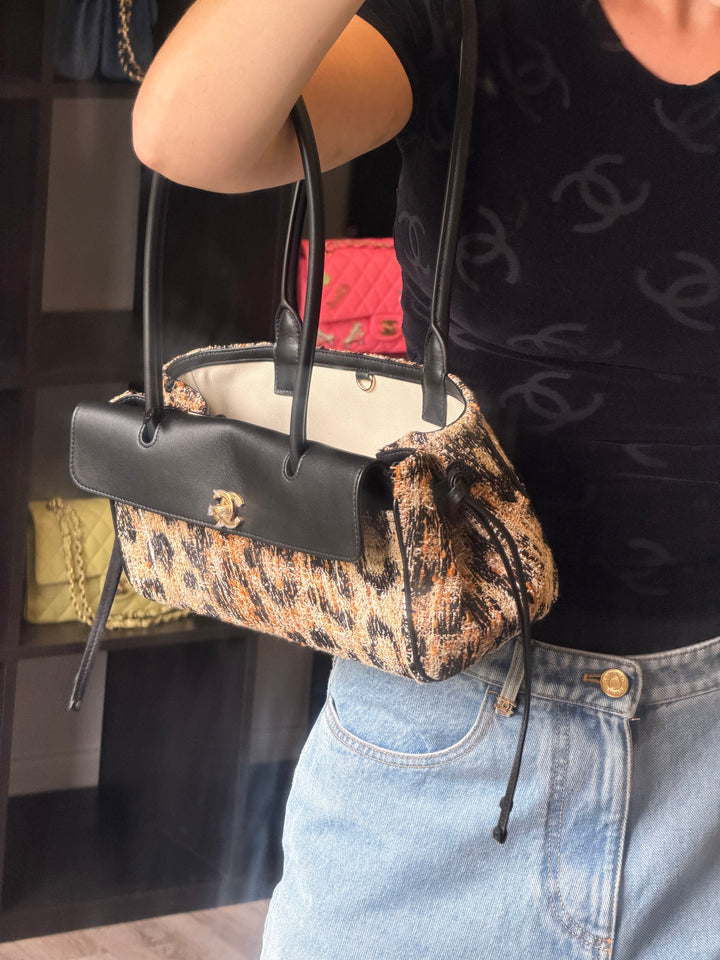 Chanel Small Shopping Bag Brown Black & White Leopard Tweed & Calfskin Gold Tone Hardware 2026