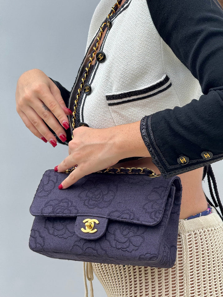 Chanel 1997 Medium 24K Navy Camellia Classic Flap Bag