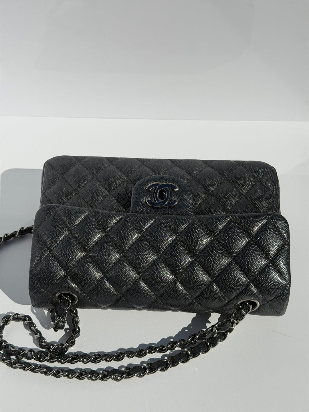 Chanel 18C Black Iridescent Small Caviar Double Flap Bag
