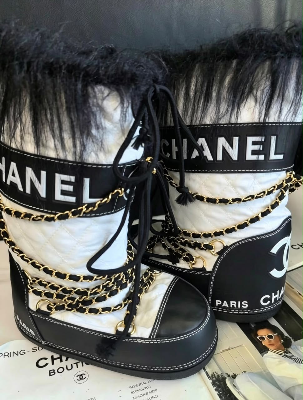 Chanel Apres Ski Moon Boots Black White 1993