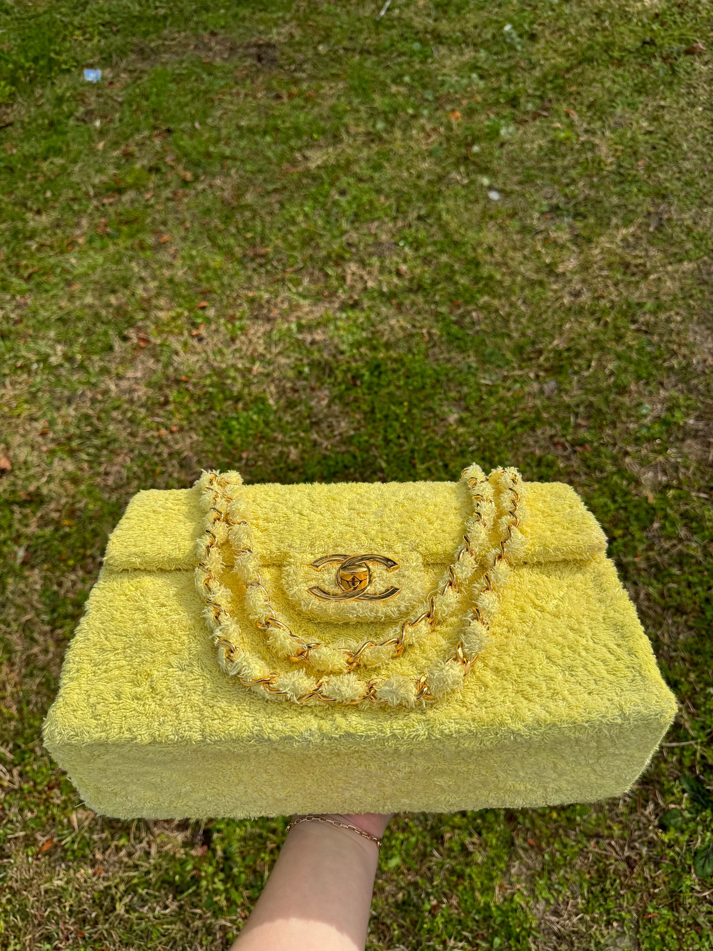 Chanel Yellow Terry Cloth Vintage Maxi Flap Bag
