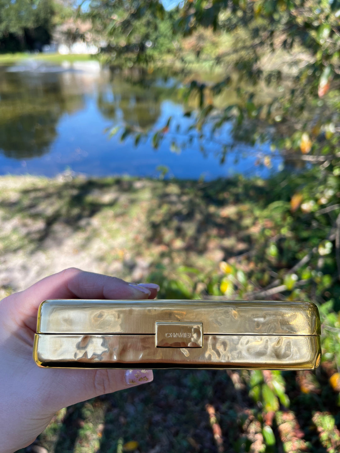 Chanel Hammered Gold Metal Bullion Bar Minaudière Clutch