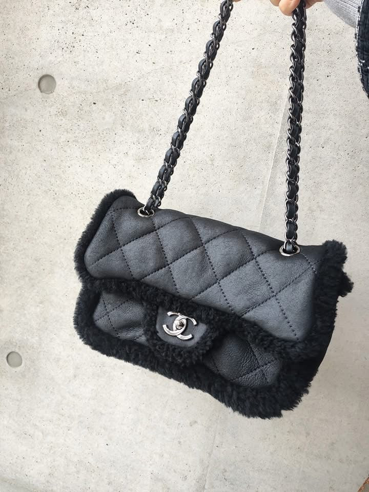 Chanel Medium Black Shearling Coco Neige Flap