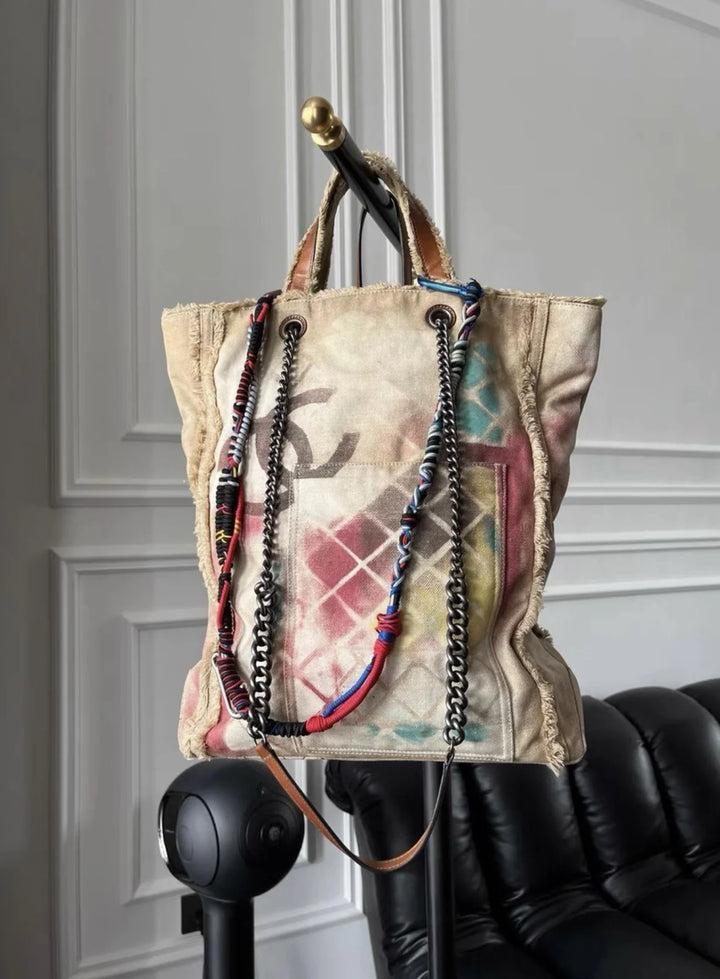 Chanel Runway Art School Graffiti Canvas Tote Beige Multicolor Ruthenium Hardware 2014