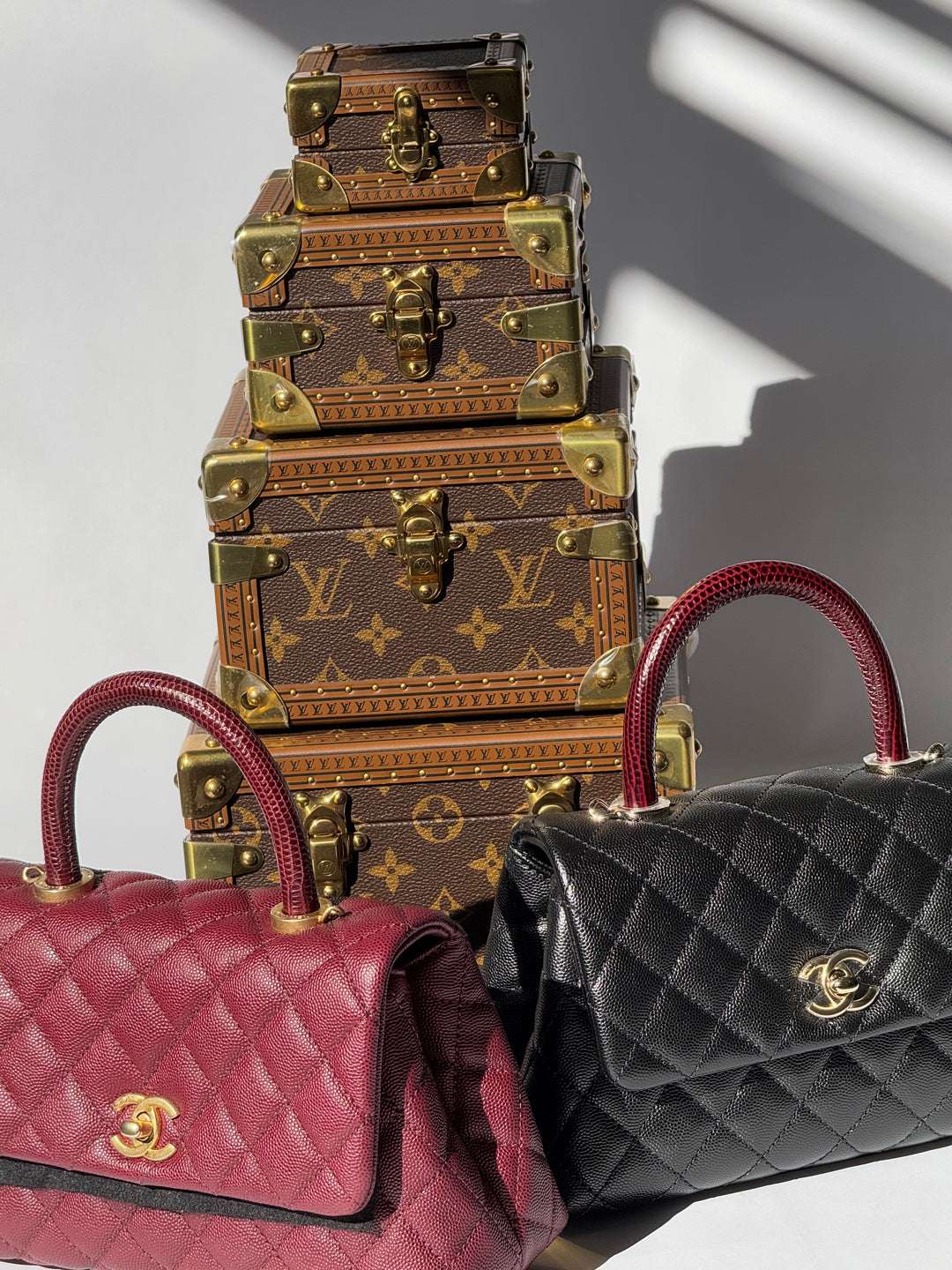 Chanel Small Black Caviar Coco + Burgundy Lizard Top Handle