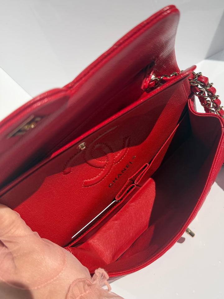 Chanel Small Double Flap Bag Caviar Leather Red Light Gold Hardware 2018