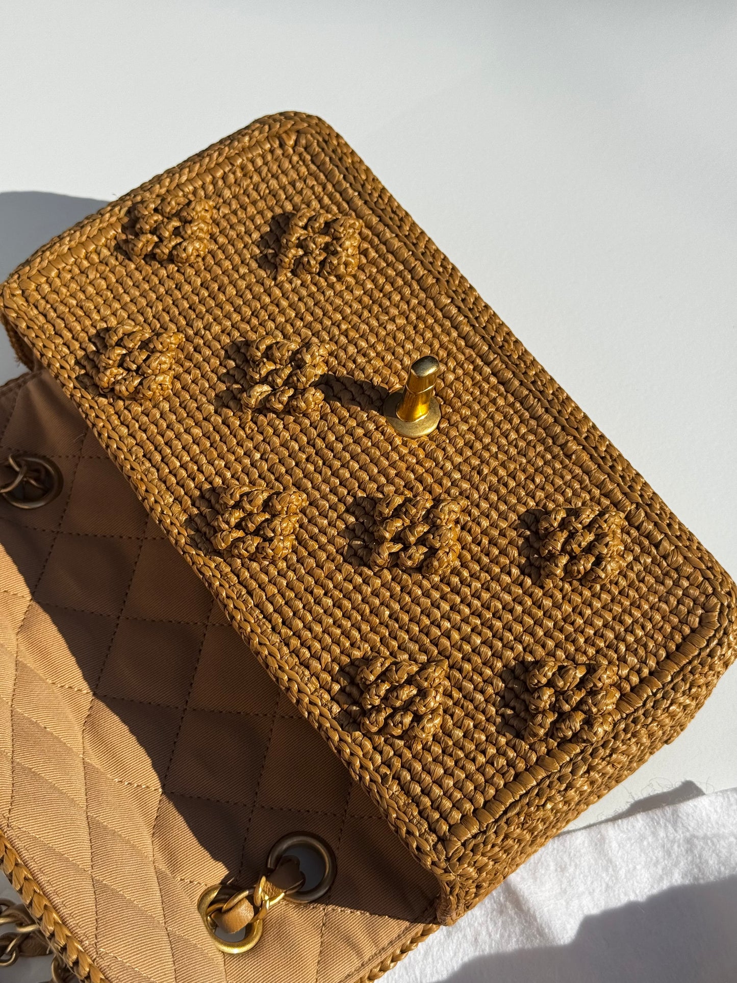Chanel 24P Tan Braided Raffia Medium Flap Bag