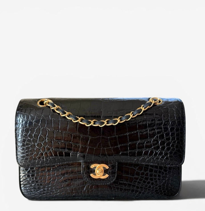 Chanel Medium Classic Flap Bag Alligator Black 24K Plated Gold Hardware 1997
