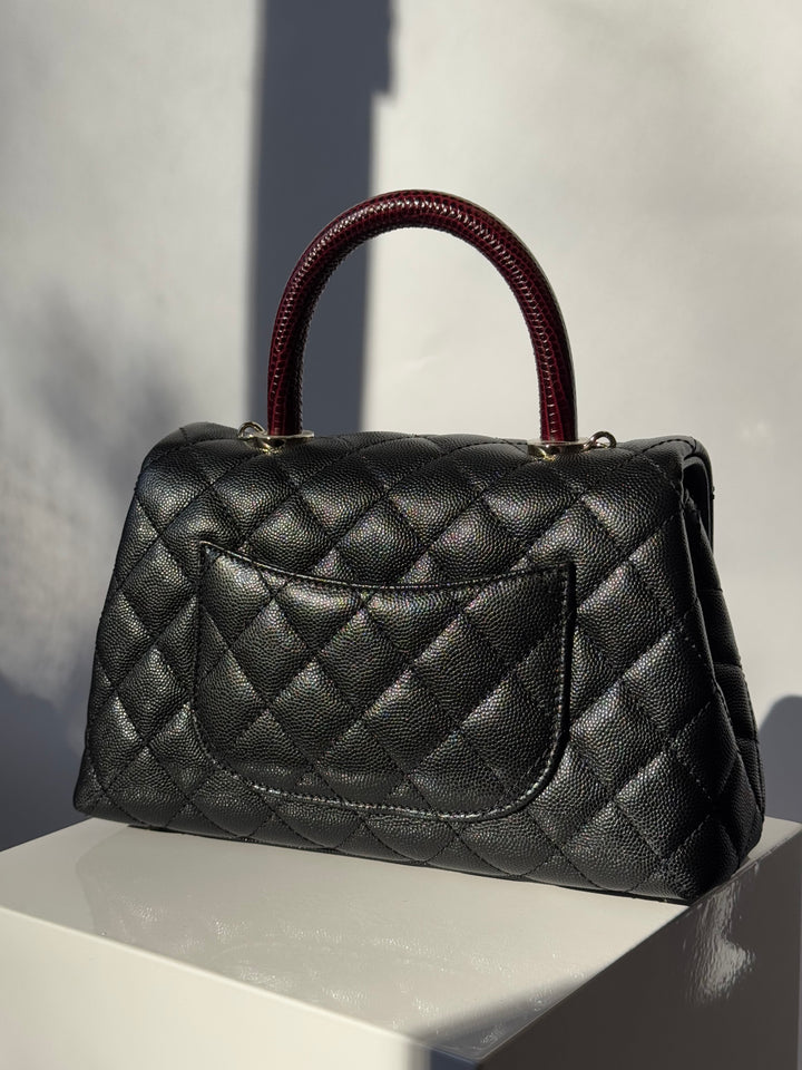 Chanel Small Black Caviar Coco + Burgundy Lizard Top Handle