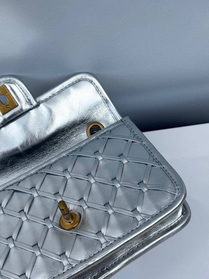 Chanel Silver Metallic Mini Braided Calfskin Flap Bag