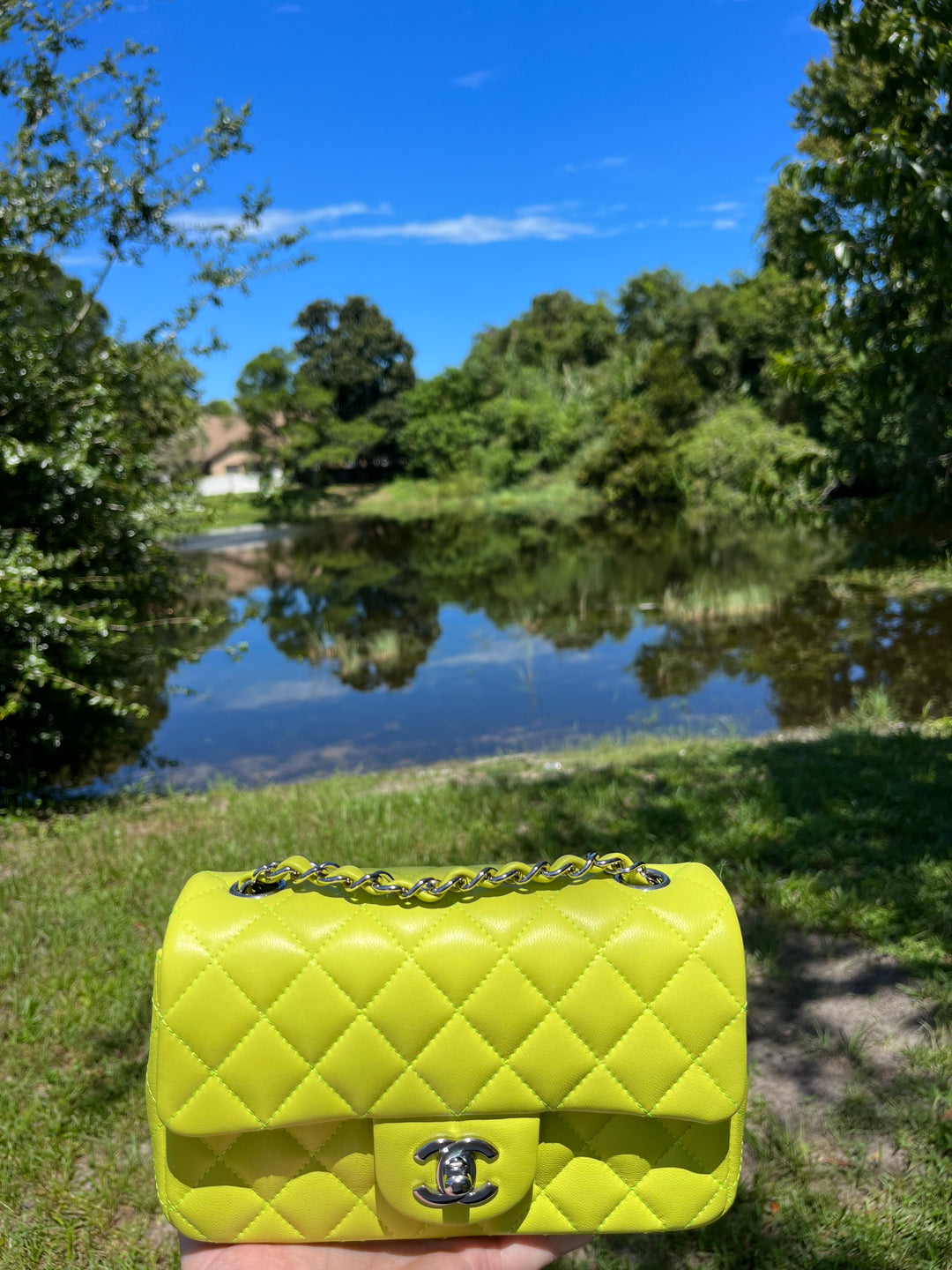 Chanel 21S Mini Classic Flap Lambskin Yellow Silver Hardware
