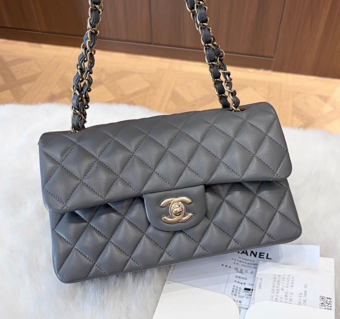 Chanel Small Classic Double Flap Lambskin Grey Gold Hardware 2022