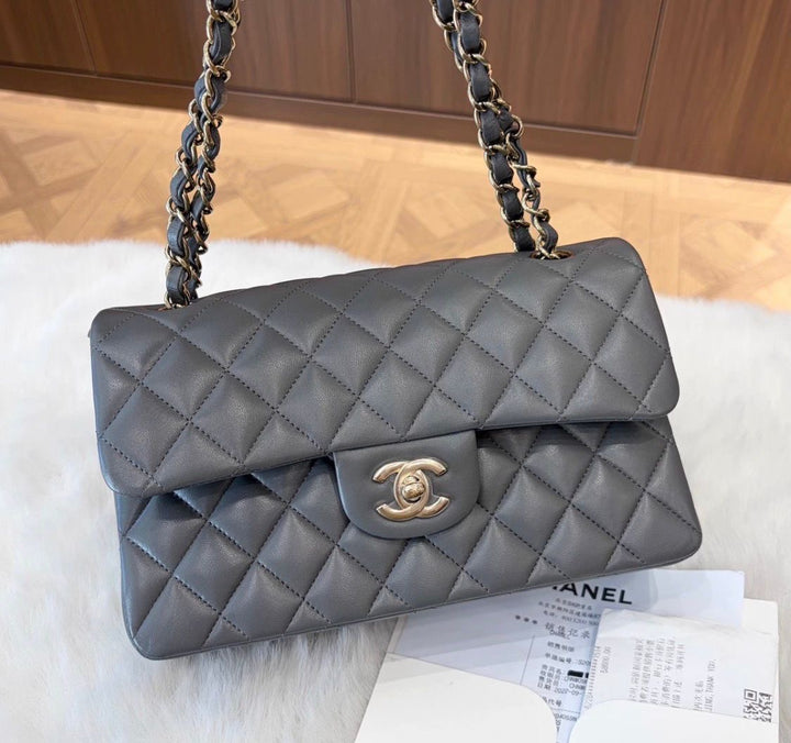 Chanel Small Classic Double Flap Lambskin Grey Gold Hardware 2022