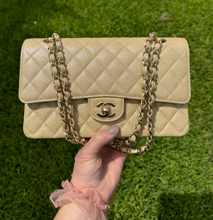 Chanel 19S Beige Iridescent Medium Caviar Classic Flap