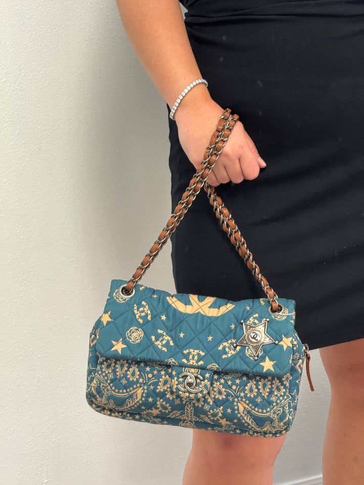 Chanel 2014 Paris Dallas Medium Teal Bandana Flap Bag
