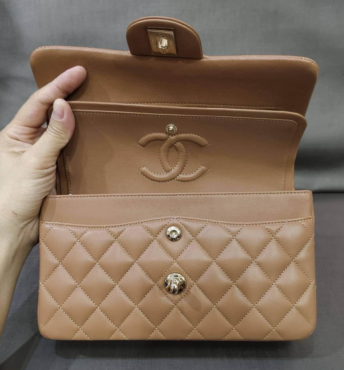 Chanel 22S Small Caramel Lambskin Classic Flap Bag + LGHW