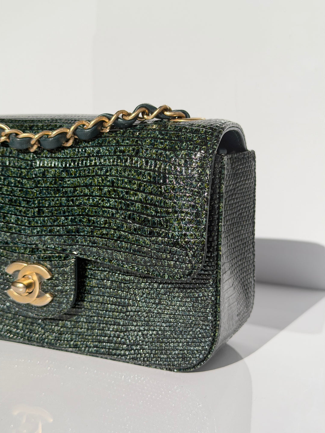 Chanel Mini Flap Green Lizard Brushed Gold Hardware 2018