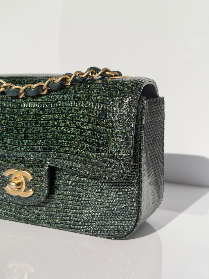 Chanel Mini Flap Green Lizard Brushed Gold Hardware 2018