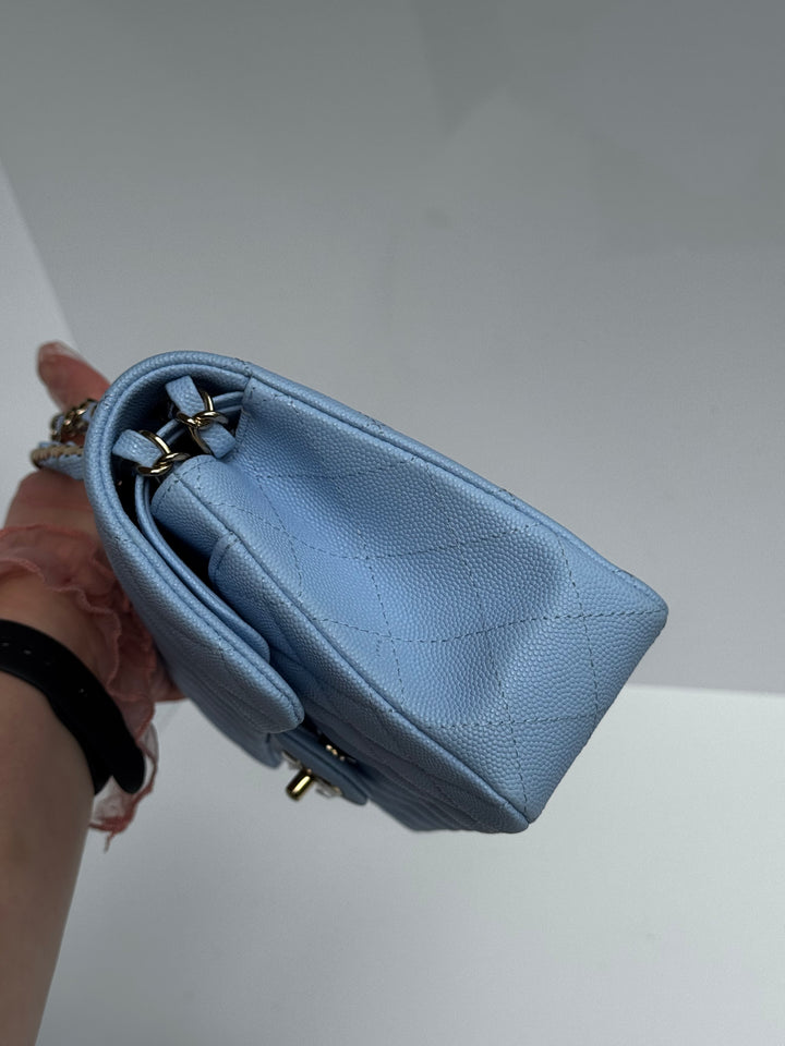 Chanel Small Classic Double Flap Caviar Light Blue Light Gold Hardware 2023