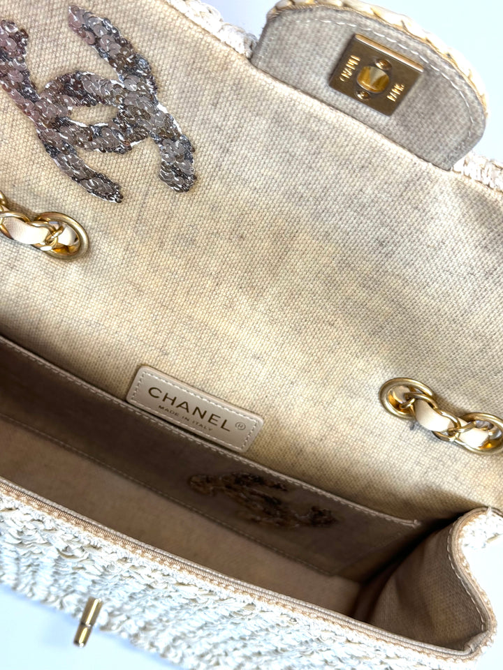 Chanel Raffia Crochet Flap Tan Matte Gold Hardware 18C
