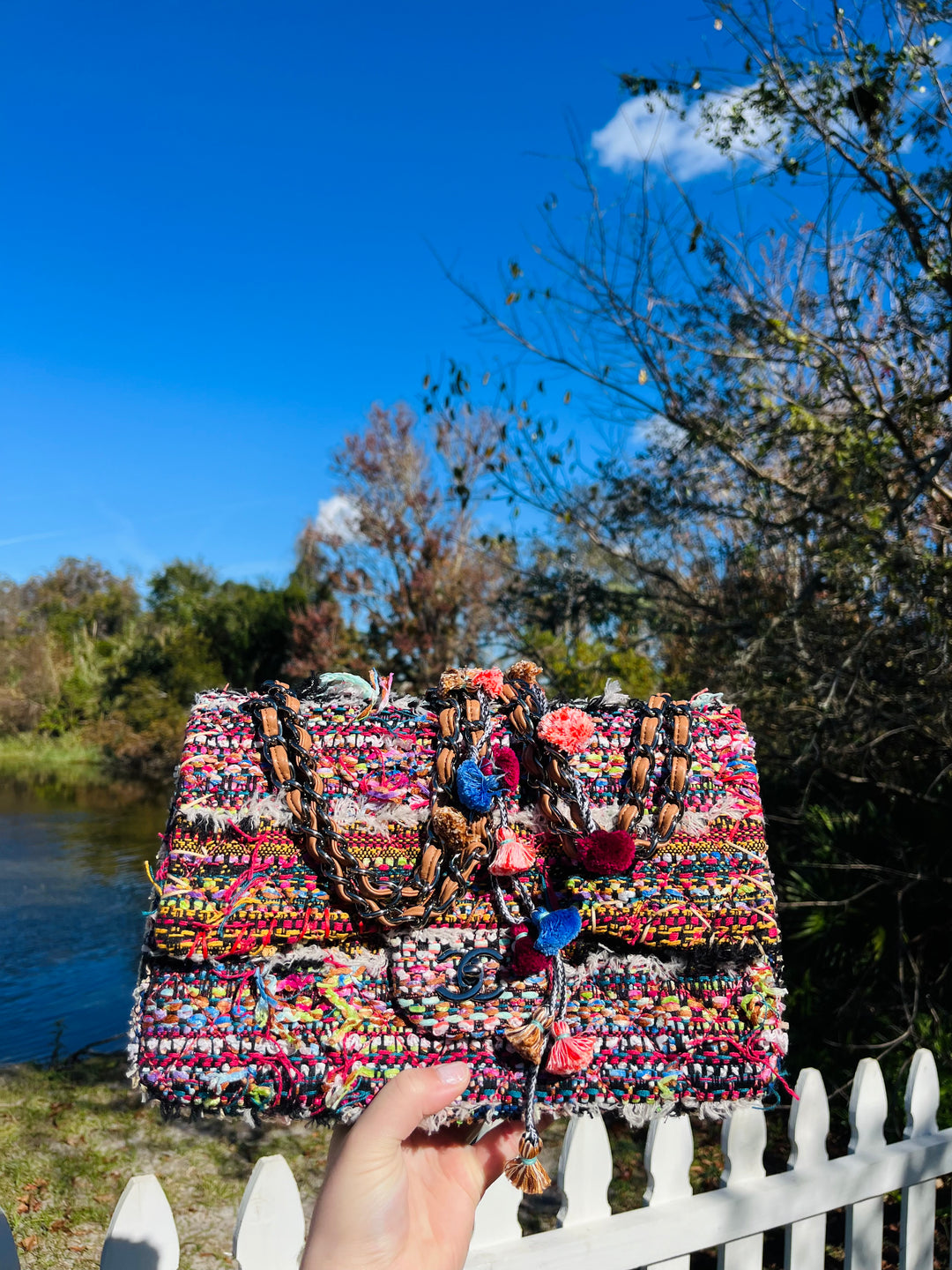 Chanel Jumbo Multicolor Tweed Pom Pom Flap