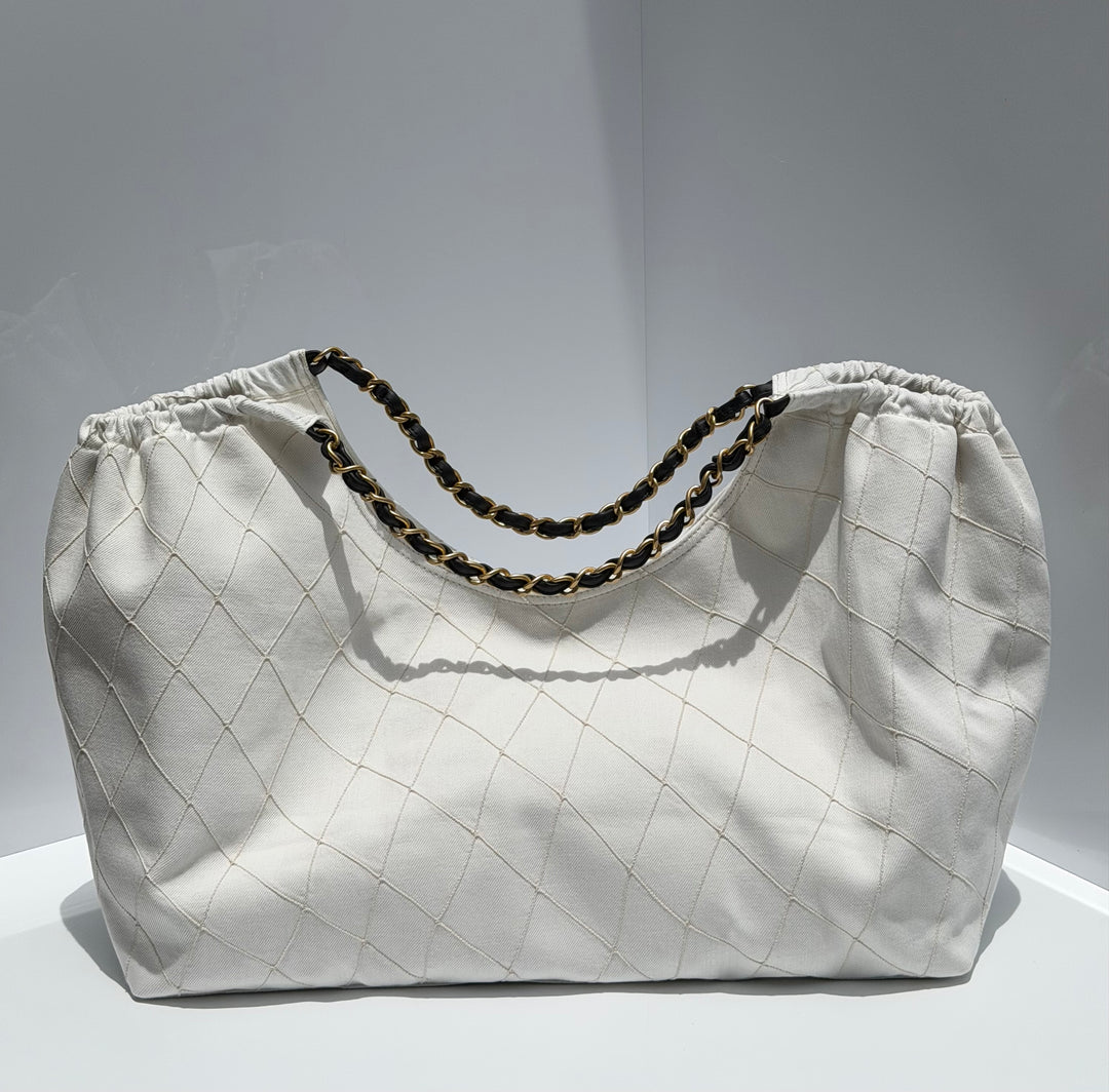 Chanel Coco Beach Maxi Shopping Bag White Denim Black Calfskin Gold Hardware 2026