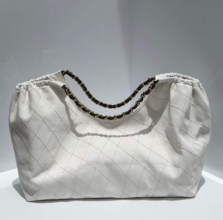 Chanel Coco Beach Maxi Shopping Bag White Denim Black Calfskin Gold Hardware 2026