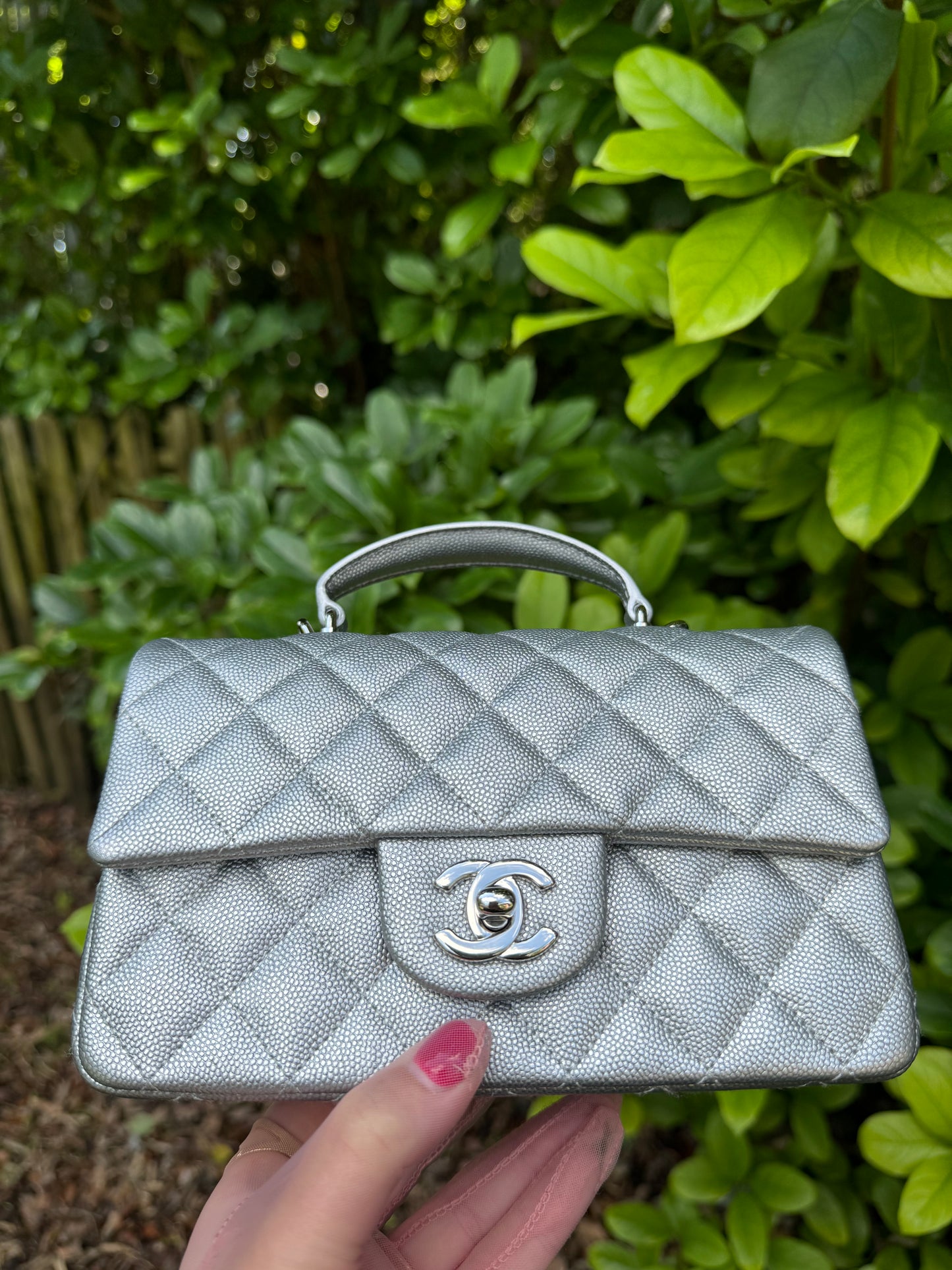 Chanel 21S Mini Metallic Silver Caviar Top Handle