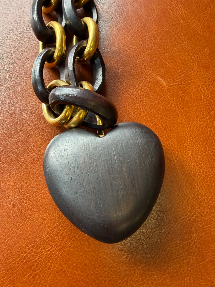 Chanel Vintage Wood Heart CC Pendant Necklace 1993