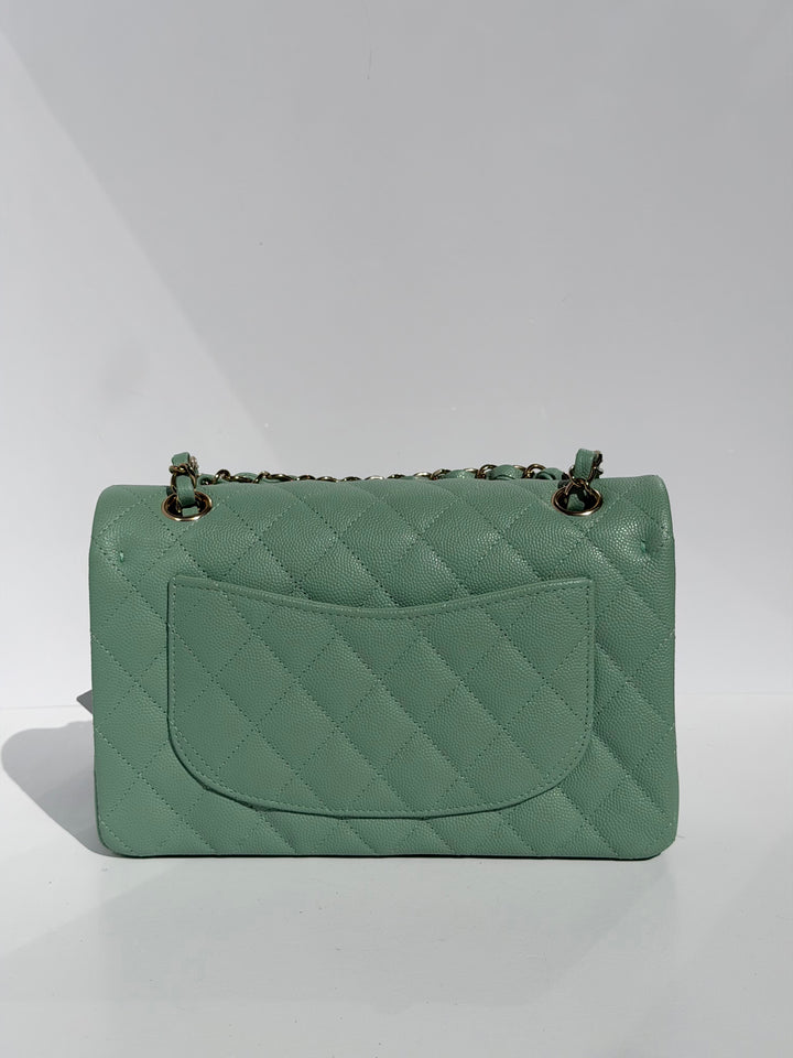 Chanel Small Classic Double Flap Caviar Green Light Gold Hardware 2023