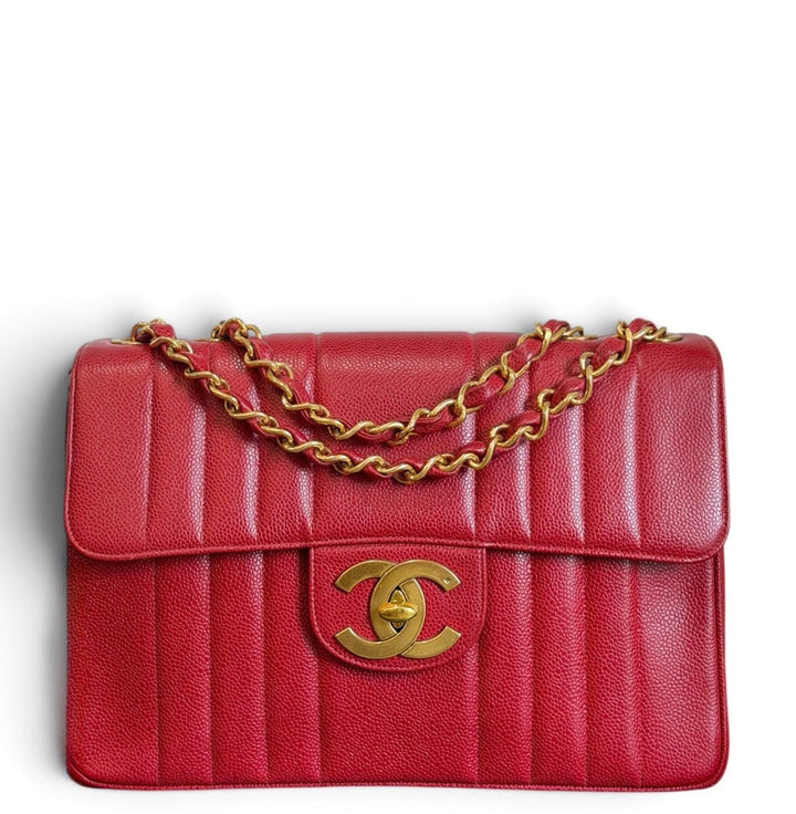 Chanel Vertical Flap Jumbo Red Caviar 24K Gold Plated Hardware 1994