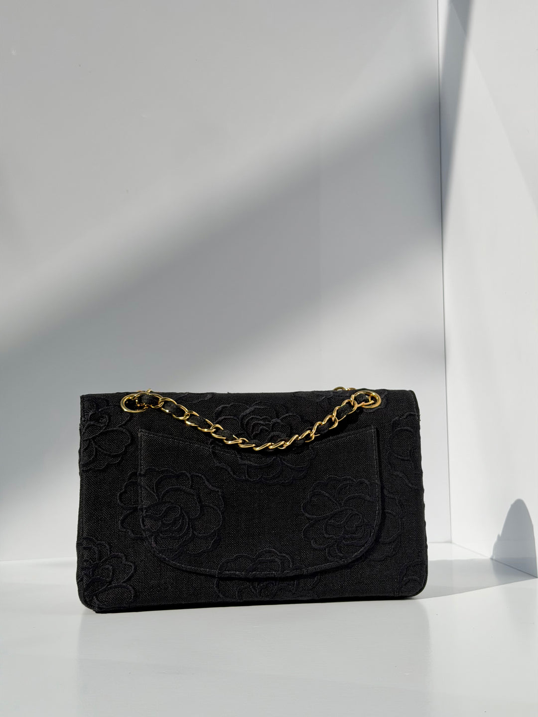 Chanel 1997 Small 24K Black Camellia Classic Flap Bag