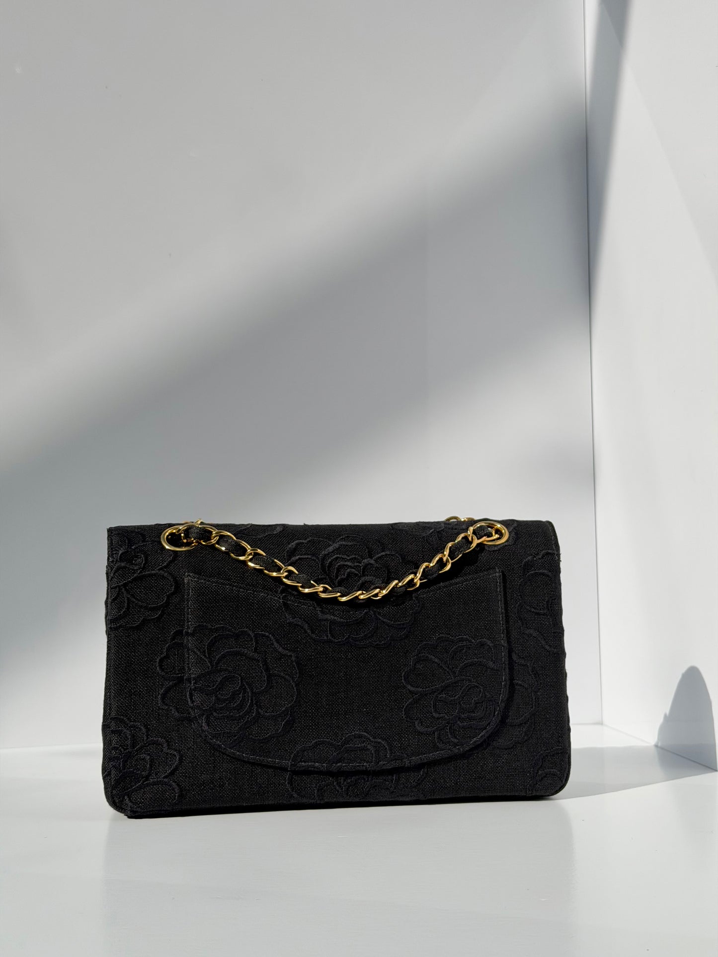 Chanel 1997 Small 24K Black Camellia Classic Flap Bag