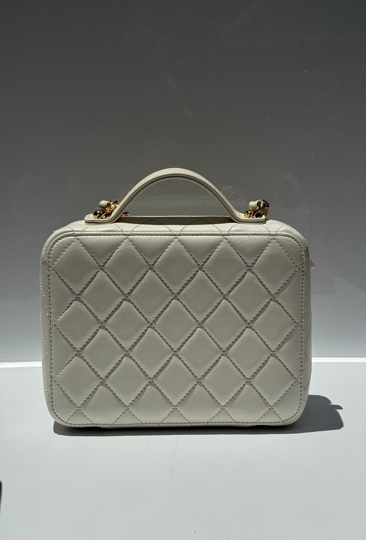 Chanel 21K Small White Lambskin Golden Plate Vanity Case