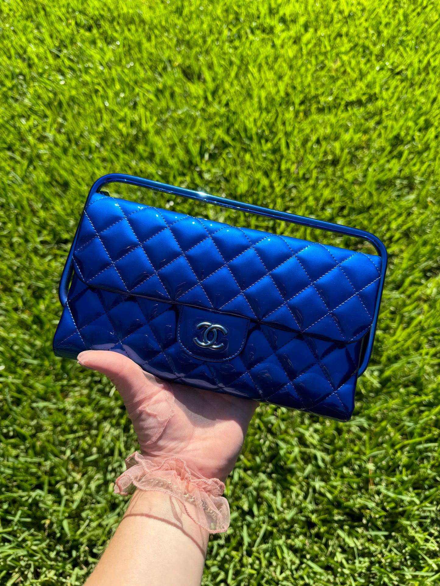 Chanel Classic Flap Patent Metallic Blue Frame Clutch