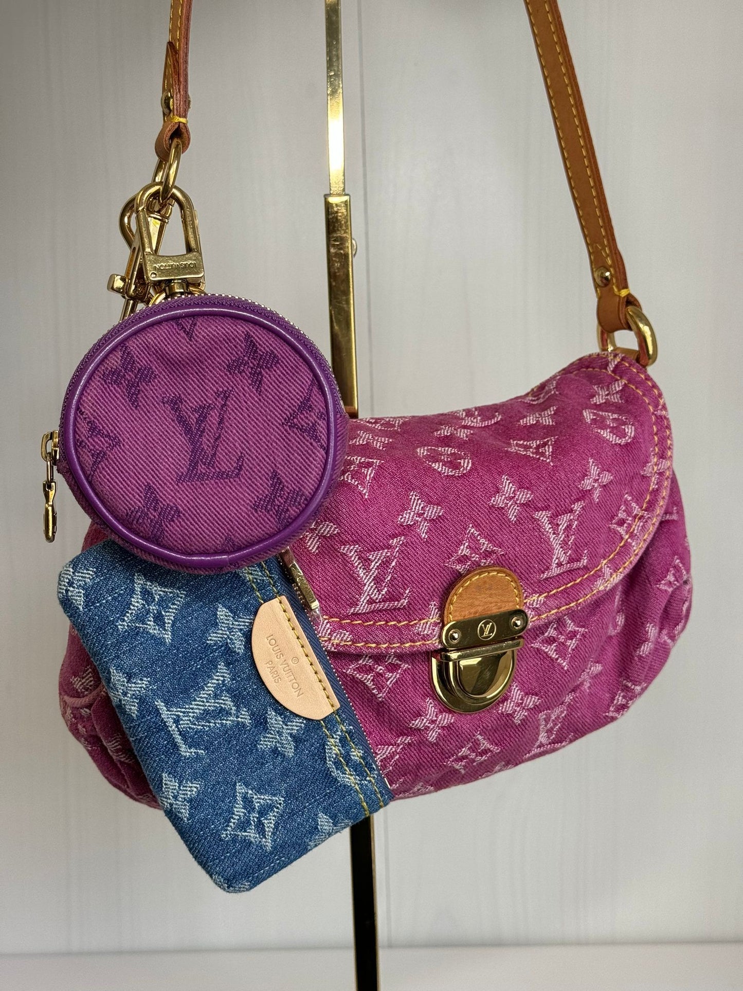 Louis Vuitton Pink Monogram Denim Mini Pleaty + Coin Pouch