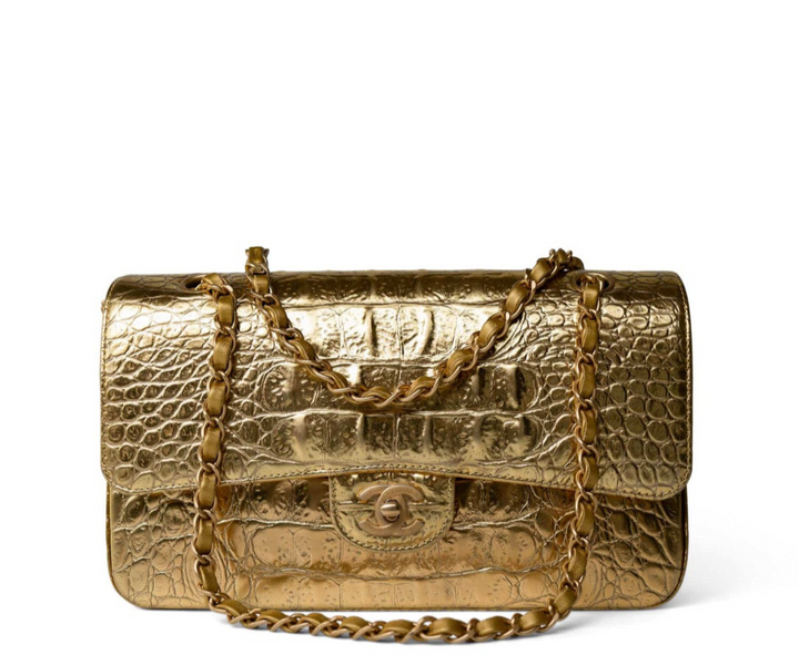 Chanel Metallic Gold Croc Embossed Medium Classic Flap Bag