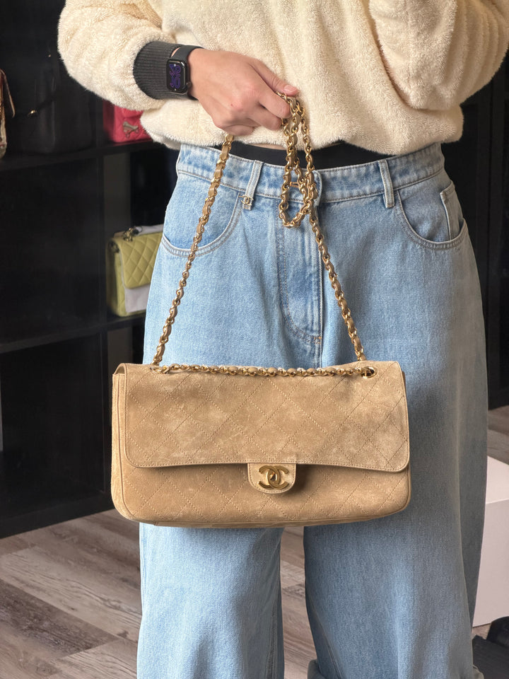 Chanel Maxi Flap Bag Beige Souplissimo Suede Calfskin Gold Tone Hardware 2026