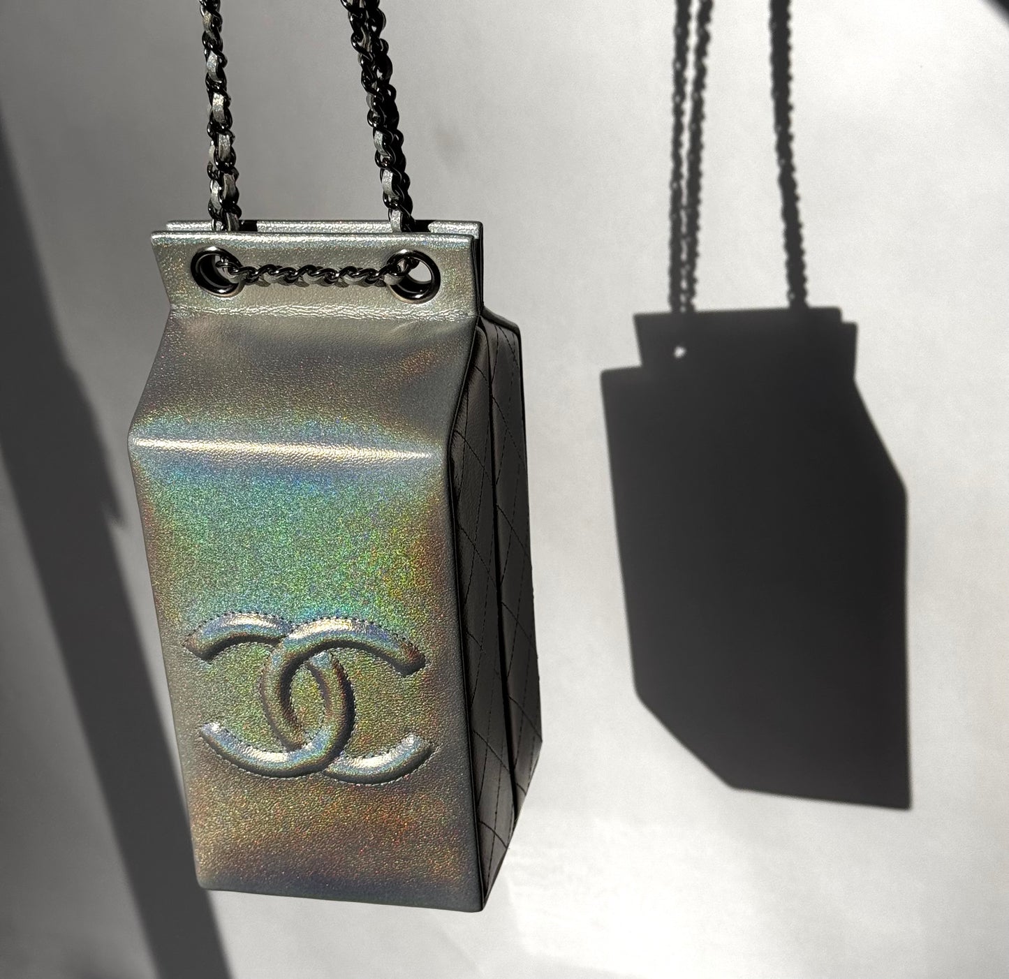 Chanel Runway Iridescent Silver Lambskin Lait De Coco Milk Carton Bag