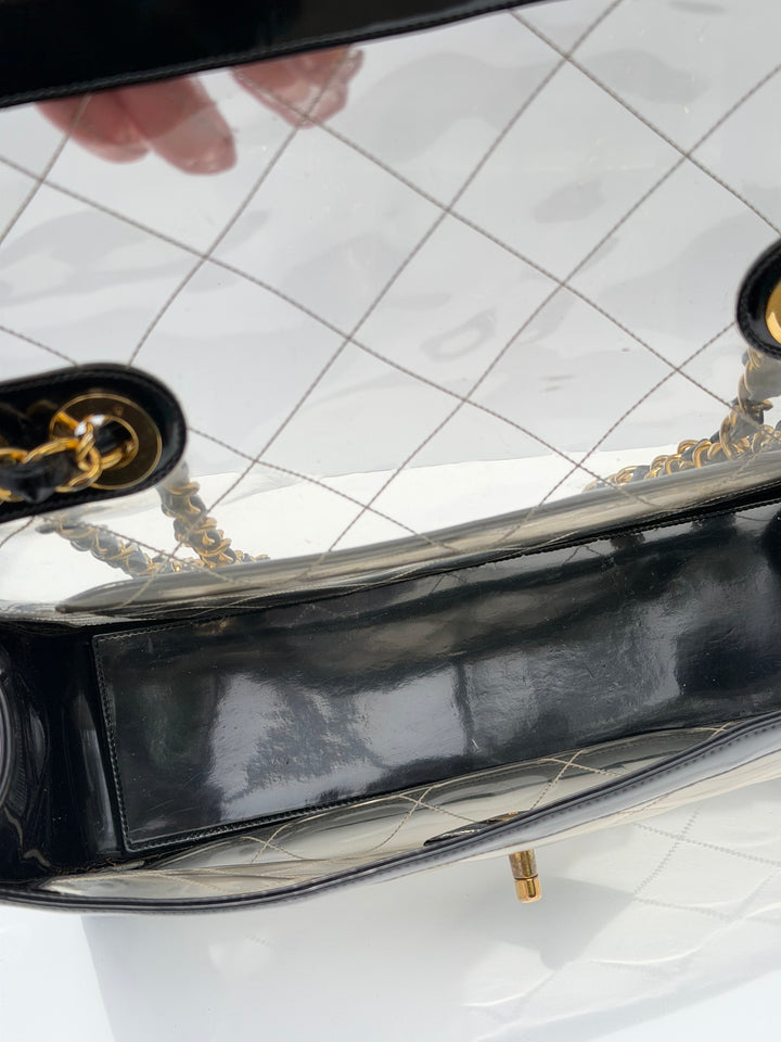 Chanel Maxi Classic Flap Bag Clear Vinyl Black Patent Leather Gold Hardware 1994
