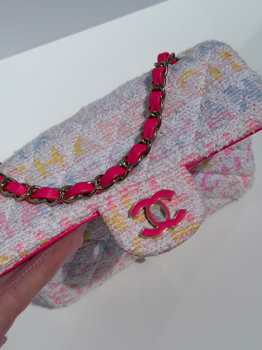 Chanel Mini Rectangular Classic Flap Bag Multicolor Logo Tweed Light Gold Hardware 2024
