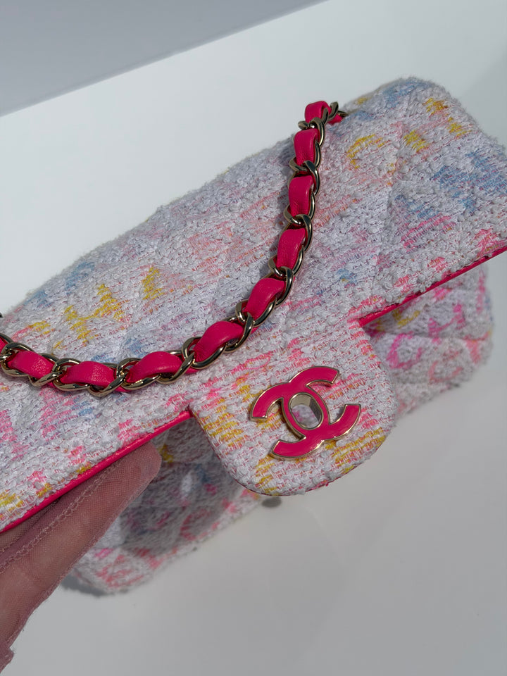 Chanel Mini Rectangular Classic Flap Bag Multicolor Logo Tweed Light Gold Hardware 2024