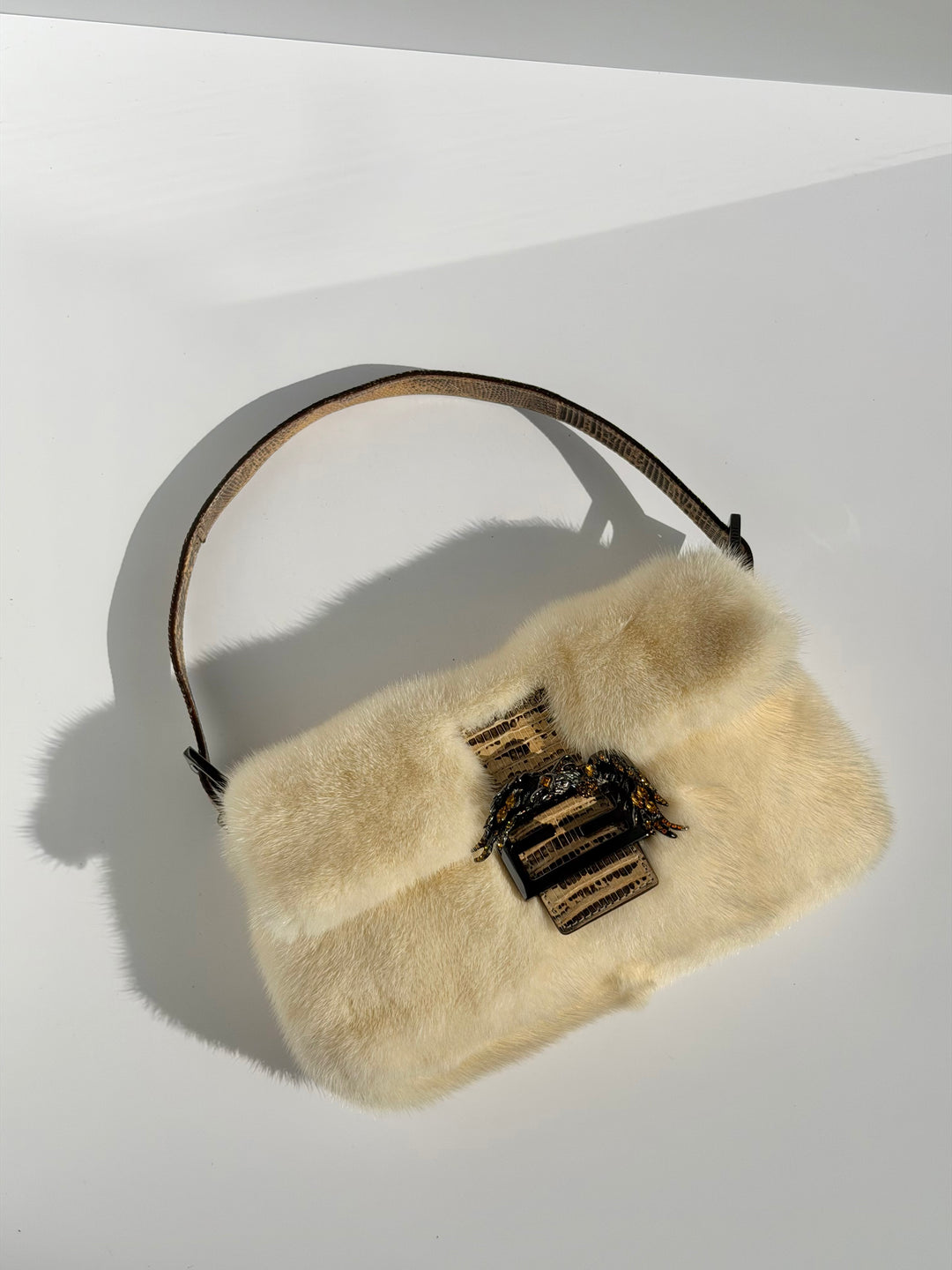 Fendi Crystal Embellished Baguette White Mink Fur Lizard Trim Gold Tone Hardware