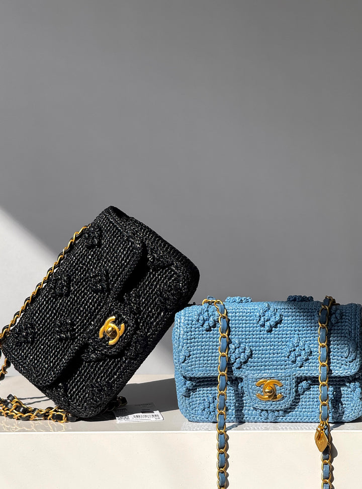 Chanel 24P Black Braided Raffia Mini Flap Bag