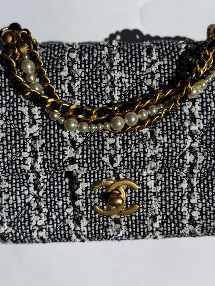 Chanel Black & White Mini Tweed Pearl Flap Bag