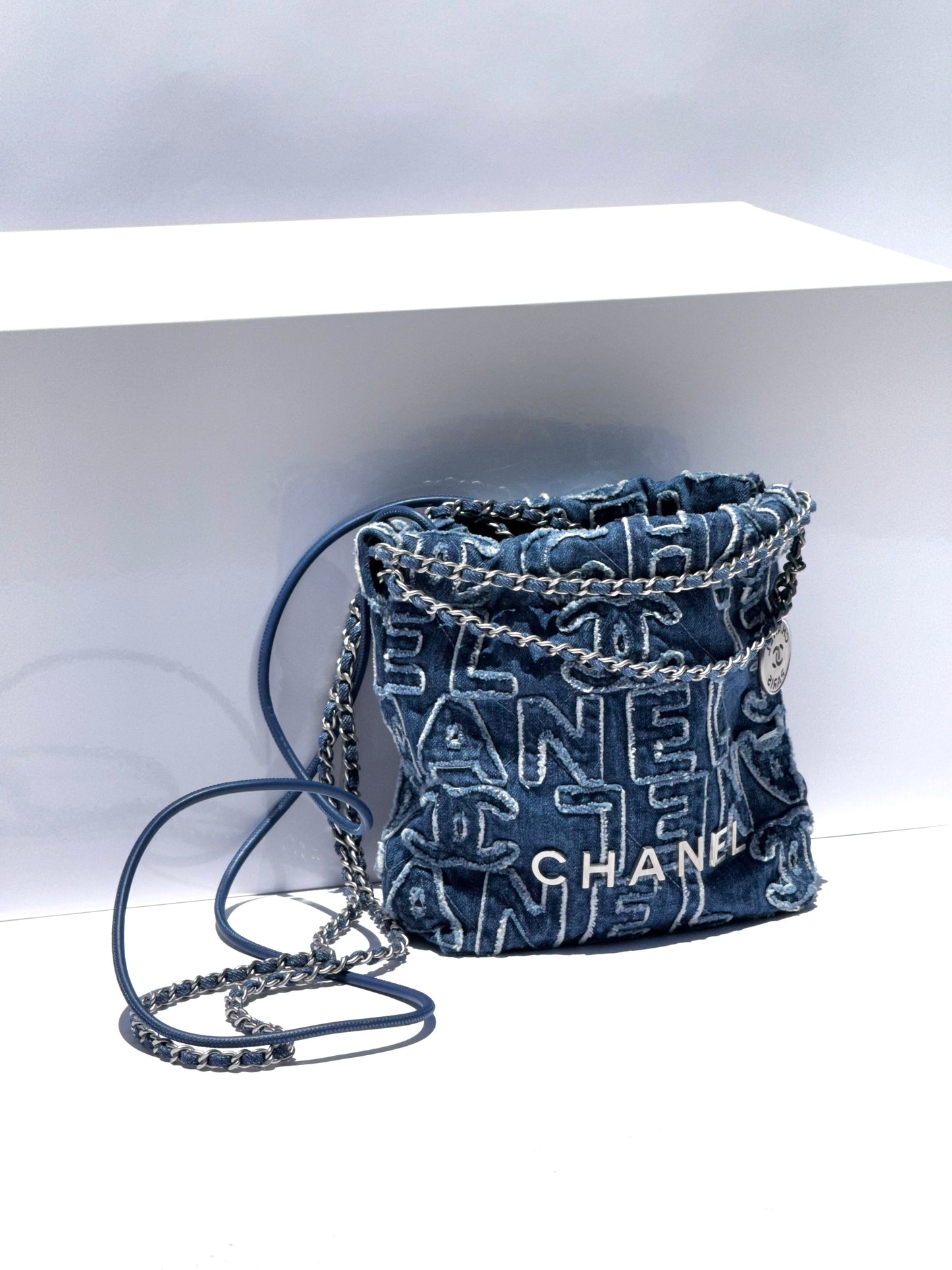 Chanel Blue Washed Denim Mini Logo Embroidered 22