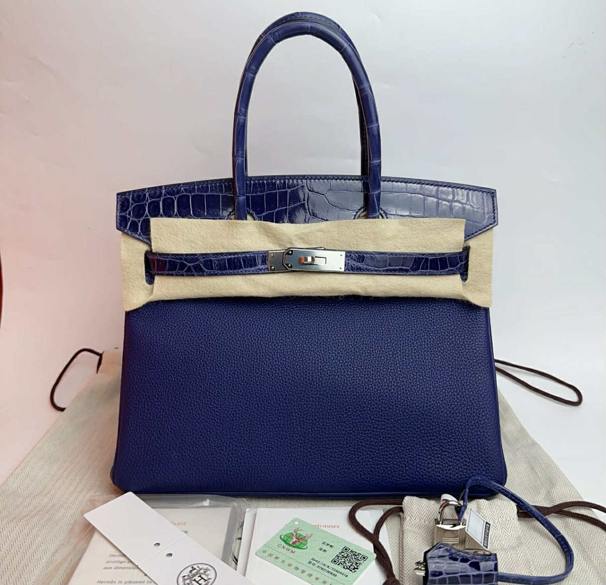 Hermes Bleu Encre Togo and Niloticus Birkin 30