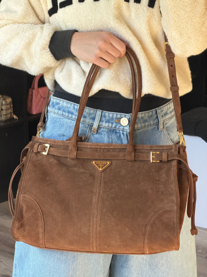 Prada Bonnie Large Tote Bag Cacao Suede Gold Tone Hardware